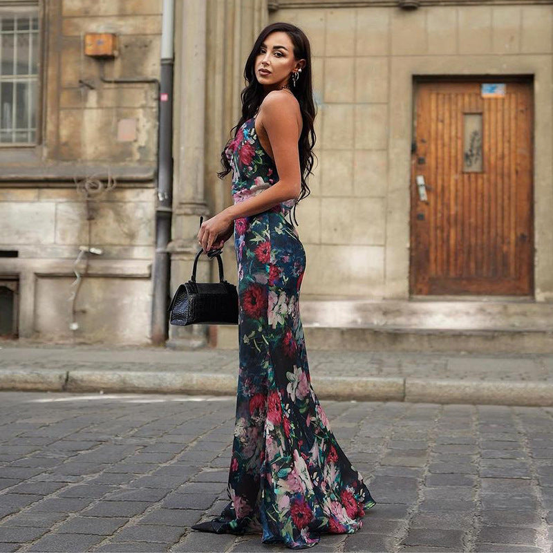 Elegant Black Floral Chinese Style High-Waisted Sling Dress