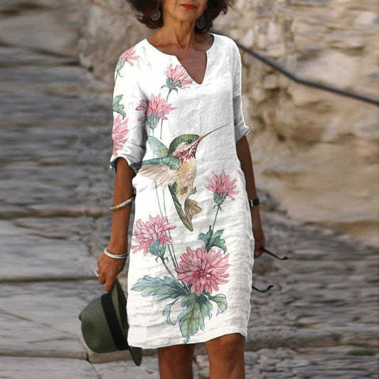 New Women's V-Neck Mid-Length Printed Dress