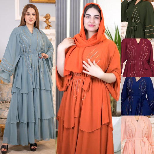 Women's Chiffon Rhinestone Cake Dress With Headscarf