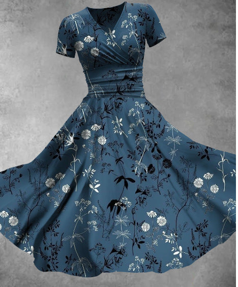 Women's Floral 3D Digital Printed V-neck Short Sleeve Dress