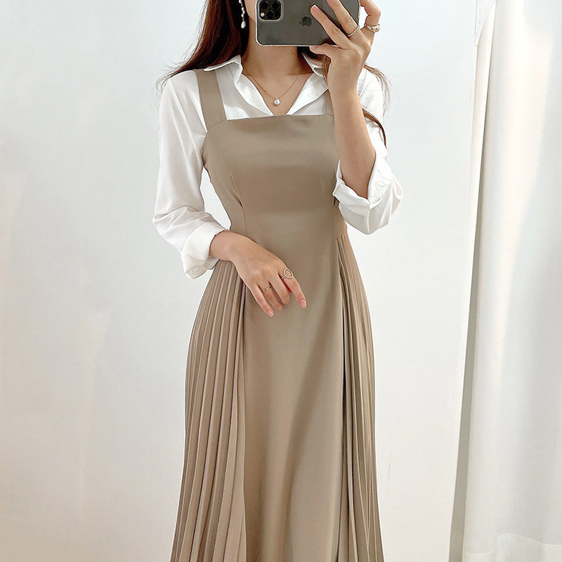 Lapel Tied Long Sleeve Shirt High Waist Side Pleated Suspender Dress For Women