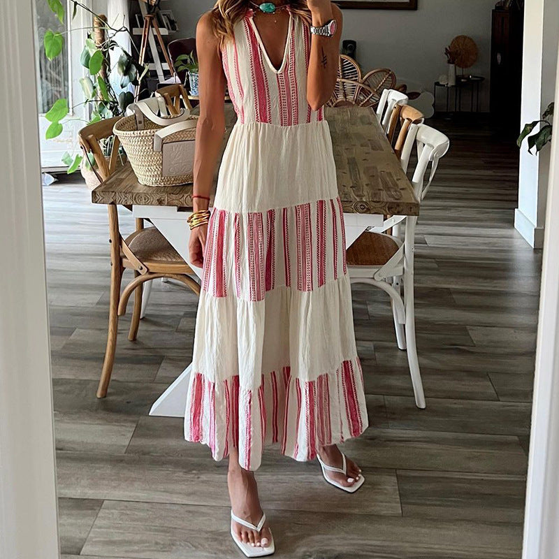 Striped Printed V-neck Sleeveless Maxi Dress