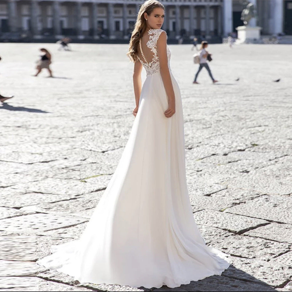 A Series Elegance Lace Chiffon Pearl Back Bridal Gown – Timeless Grace for Your Special Day