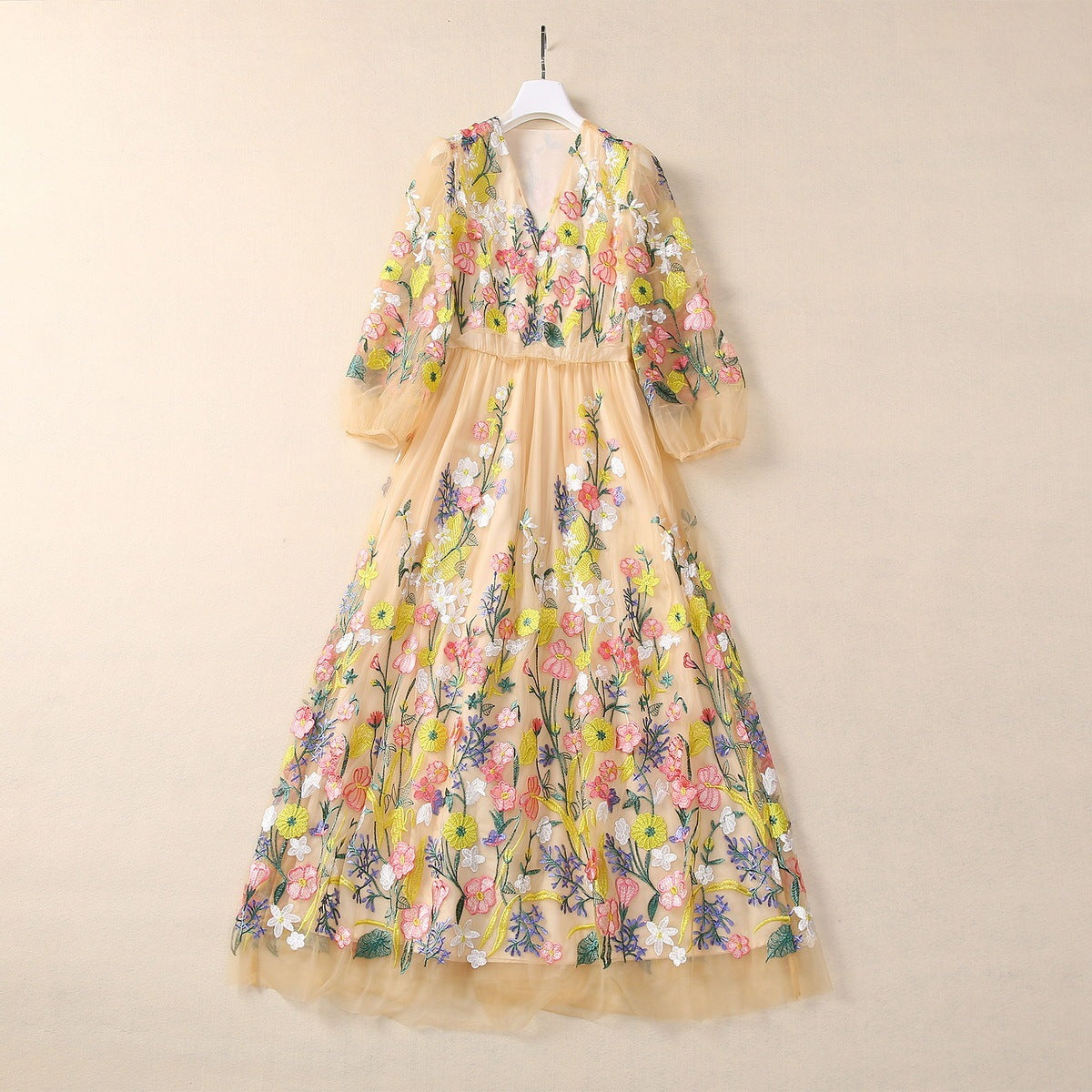Machine Embroidery Flower Mesh Large Swing Sleeve V-neck Dress