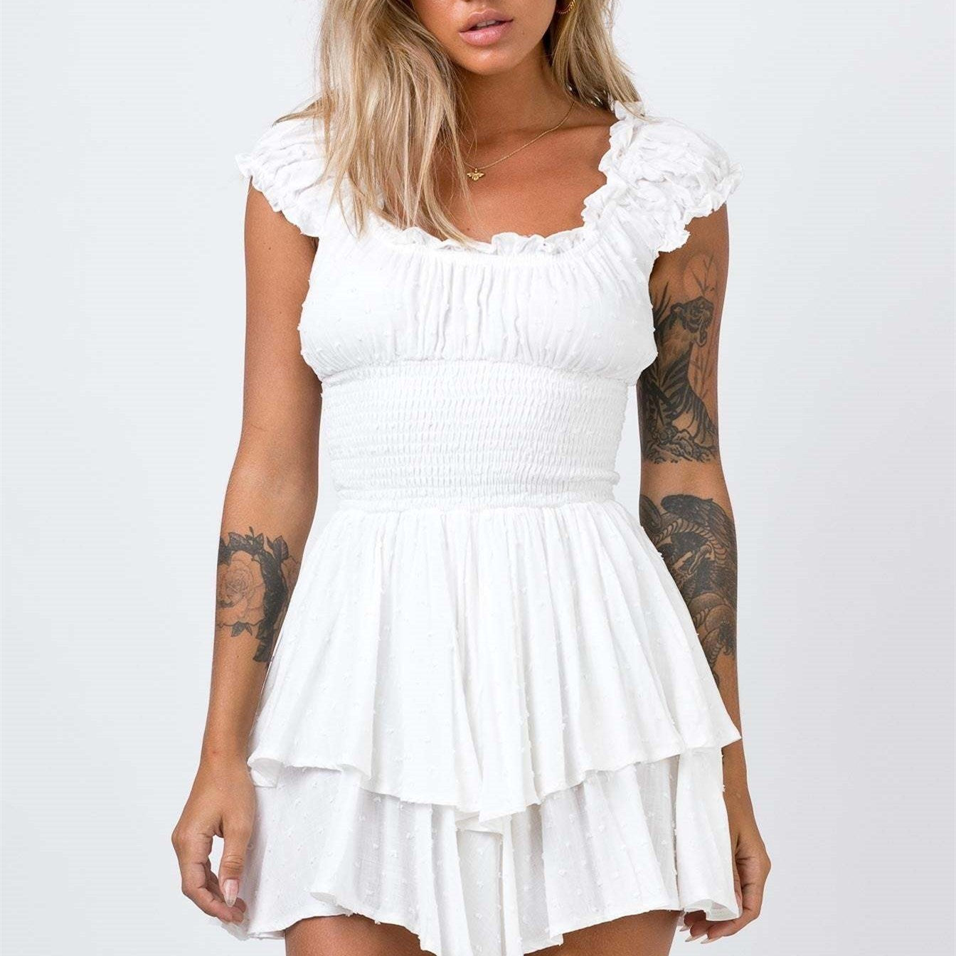 Women's Fashionable Short-sleeved Off-shoulder Cotton And Linen Embroidered Skirt