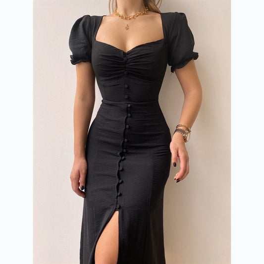 V-neck Single Breasted Mid Length Dress