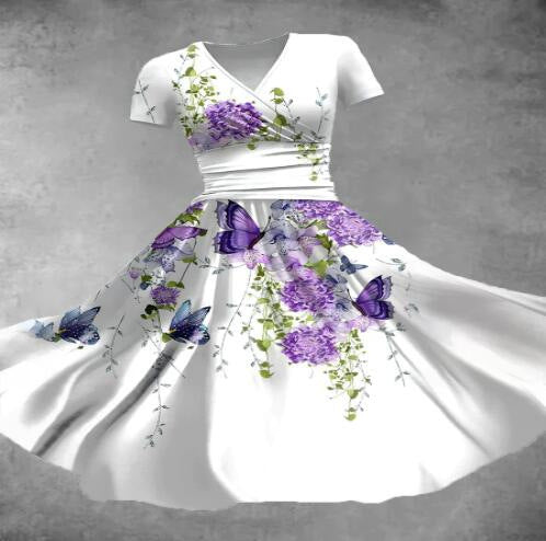 Women's Floral 3D Digital Printed V-neck Short Sleeve Dress