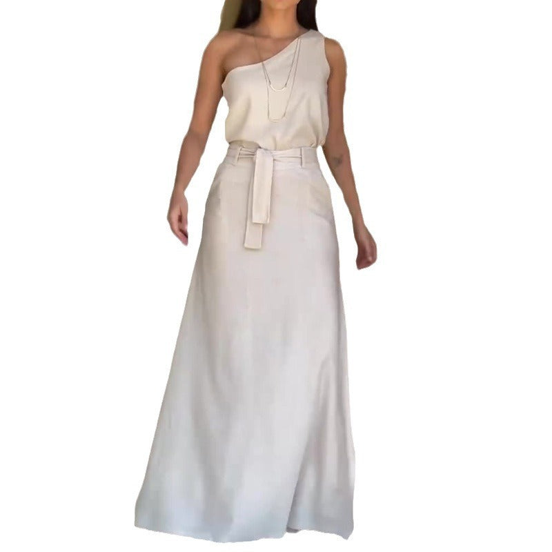 Fashion Solid Color Diagonal Collar Sleeveless High Waist Skirt Suit