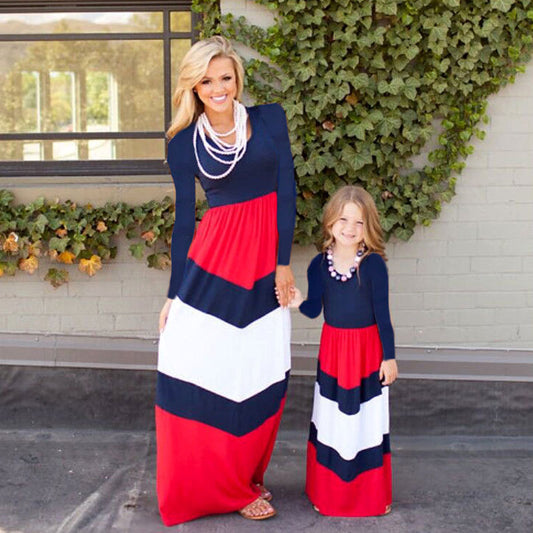 Solid Color Patchwork Mother And Daughter Long Sleeve Dress