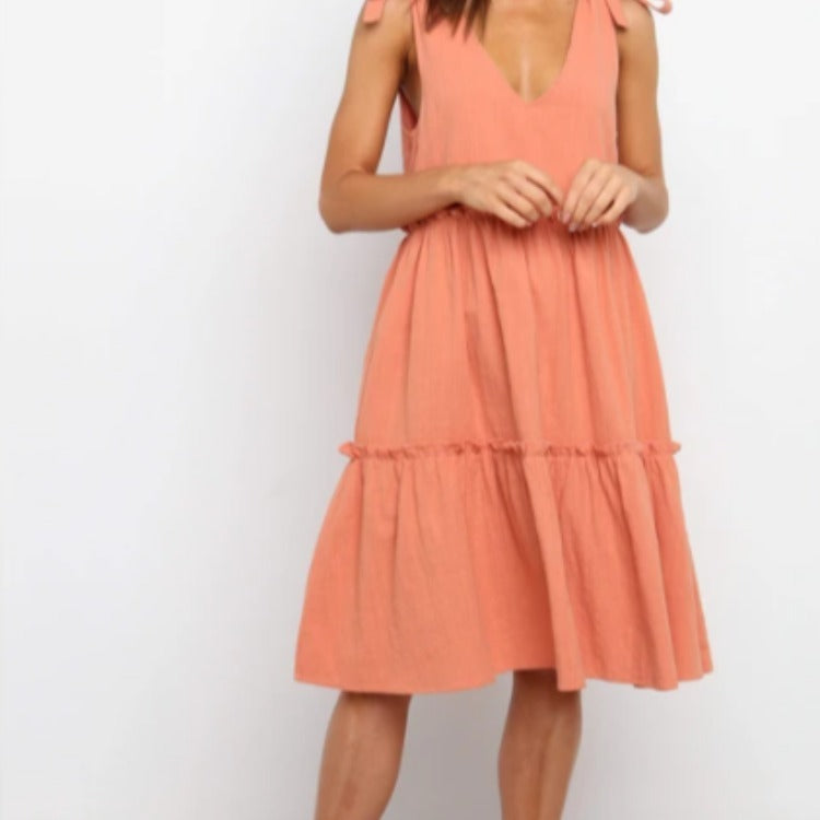 Bow Tie Mid-length Dress With Ruffles