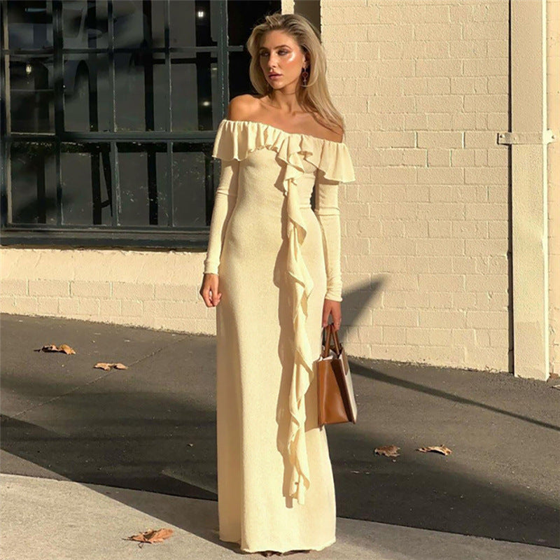 Off-neck Slim Fit High Slit Slim Fit Dress