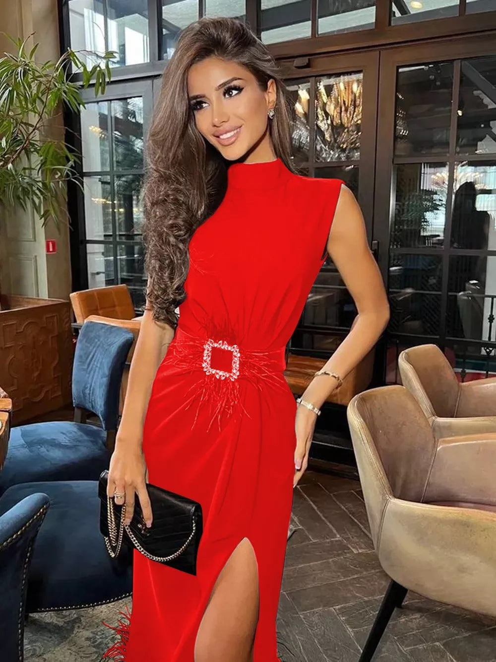 Temperament Waist-controlled Slimming Slit Fashionable Elegant Diamond Belt Bandage One-piece Dress