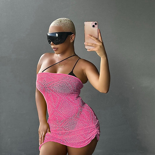 European And American Fashion Sexy Hot Girl Sleeveless Tube Top See-through Hollow Sheath Dress