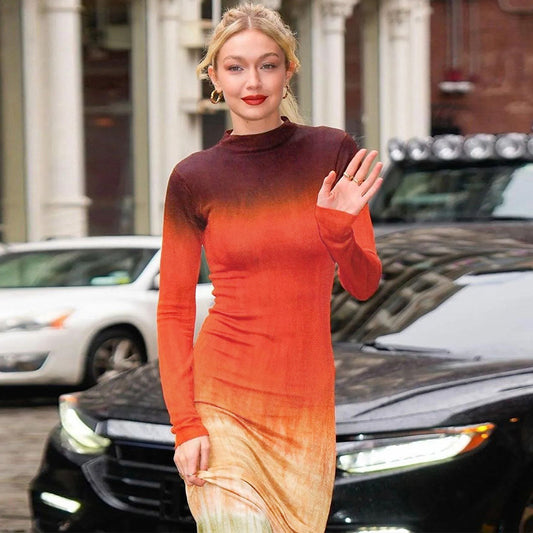 Fashion Printing Slim Fit Round Neck Long Sleeves Dress