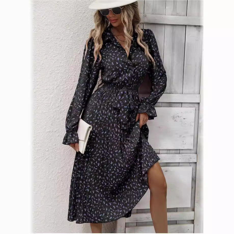 Fashion Tie Pleated Long Sleeve Big Hem Dress