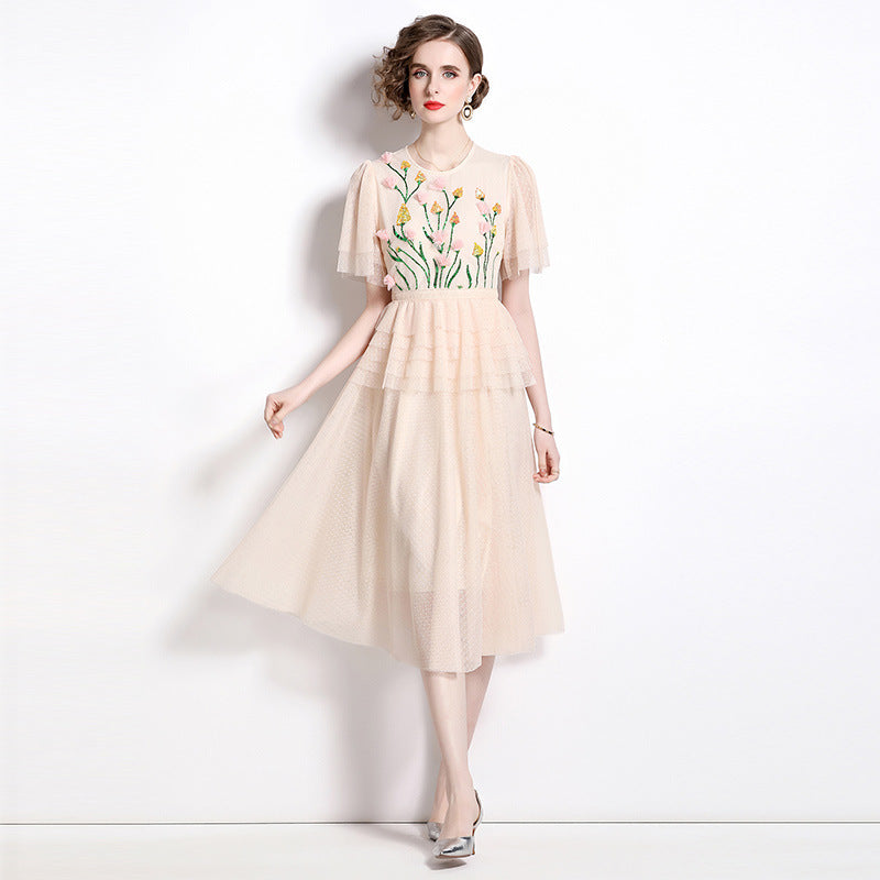 Ladies' Mesh Stitching Sequin Three-dimensional Decoration Flowers Dress