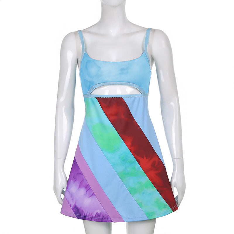 Y2K Aesthetic Patchwork Front Cut Out Stripe Spaghetti Strap Sexy Rave Party Dresses
