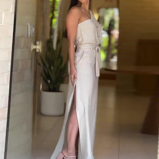 Fashion Solid Color Diagonal Collar Sleeveless High Waist Skirt Suit