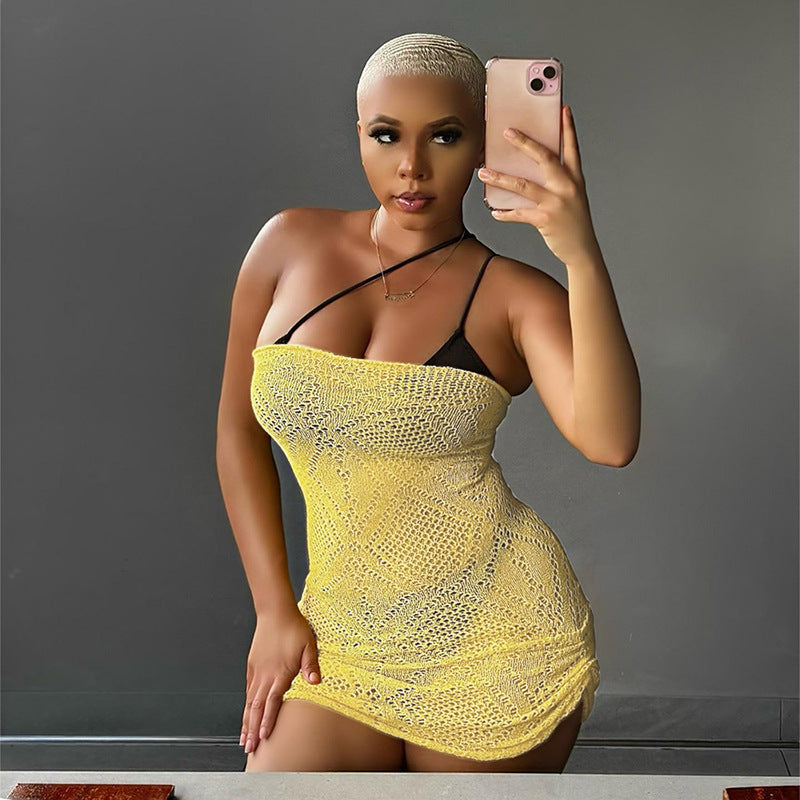 European And American Fashion Sexy Hot Girl Sleeveless Tube Top See-through Hollow Sheath Dress