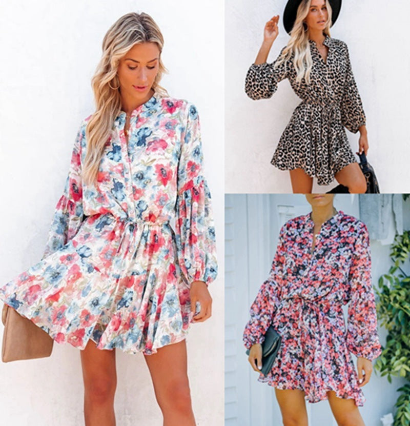 Plaid Printed Lantern Sleeve Ruffled Hem Long Sleeve Dress