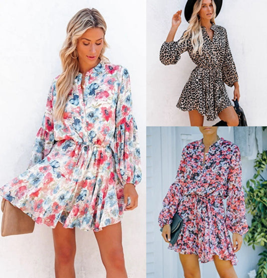 Plaid Printed Lantern Sleeve Ruffled Hem Long Sleeve Dress