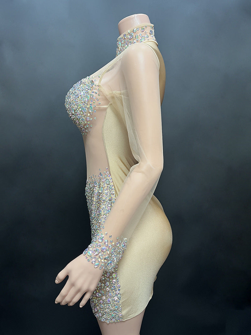 Perspective Gauze Collar Zipper Style Slim Short Dress