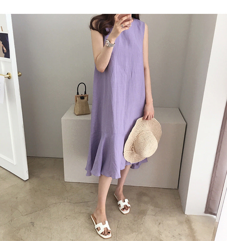 Taro Purple Linen Dress Casual Sleeveless Loose Slimming Fishtail