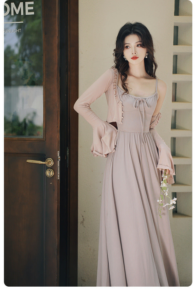 Retro Gentle Elegant Style Dress Knitted Square Collar Suspender Dress