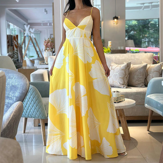 Fashion Print Sling High Waist Mid-length Dress