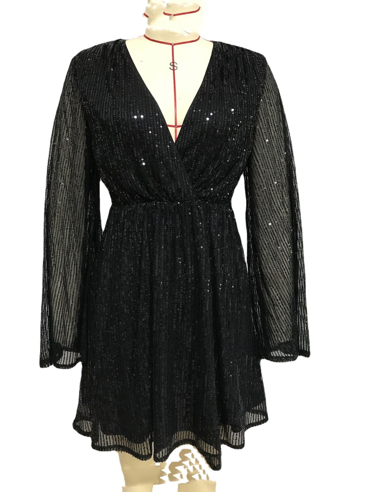 Sequins Dress Deep V Wide Hem Loose Long Sleeve Dress