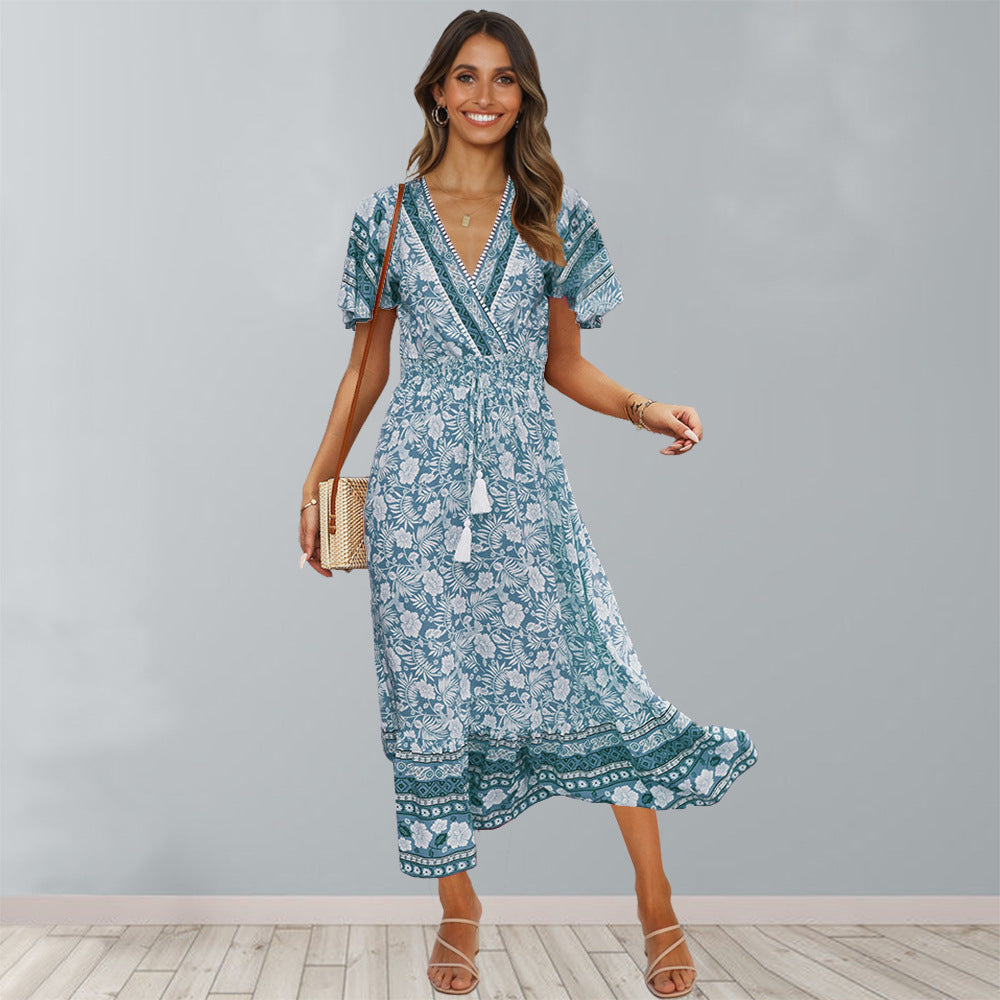 Rayon Retro Print Dress Beach Mid-length