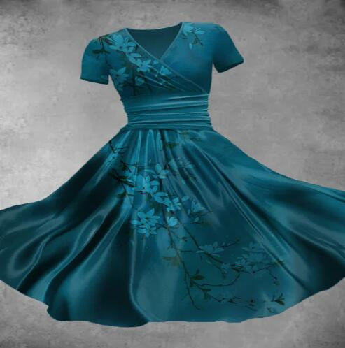 Women's Floral 3D Digital Printed V-neck Short Sleeve Dress
