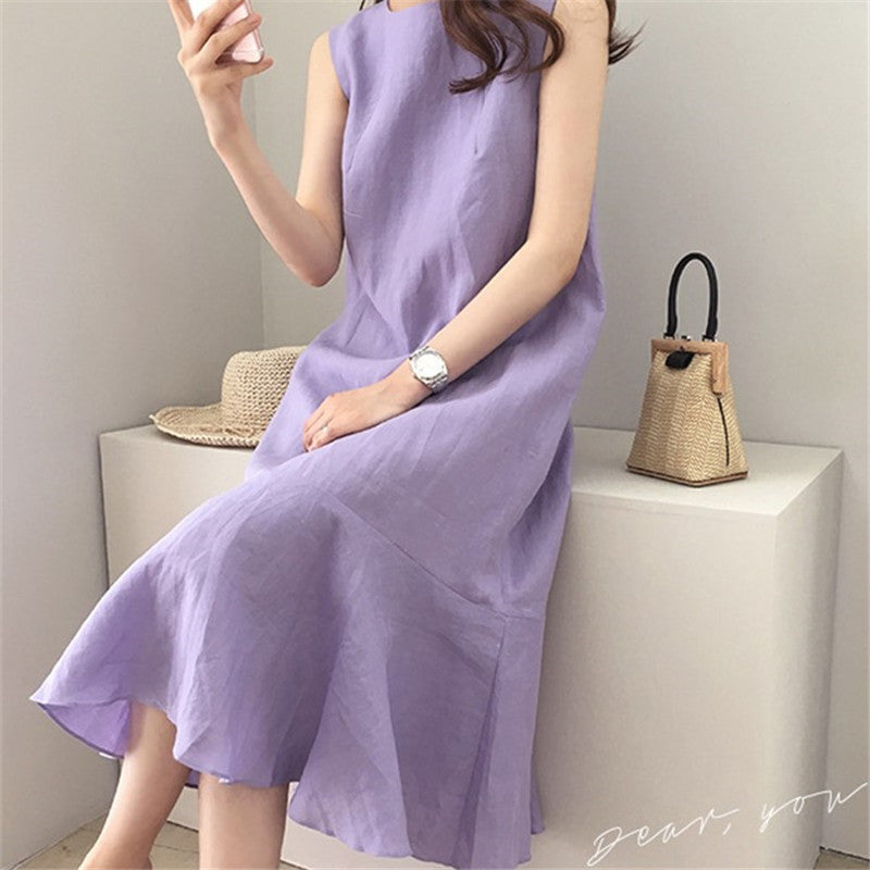Taro Purple Linen Dress Casual Sleeveless Loose Slimming Fishtail