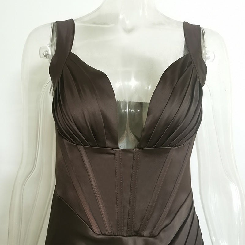 Silk Satin Deep V Sexy Sling Cocktail Dress Waist Mid-Length Party Dress