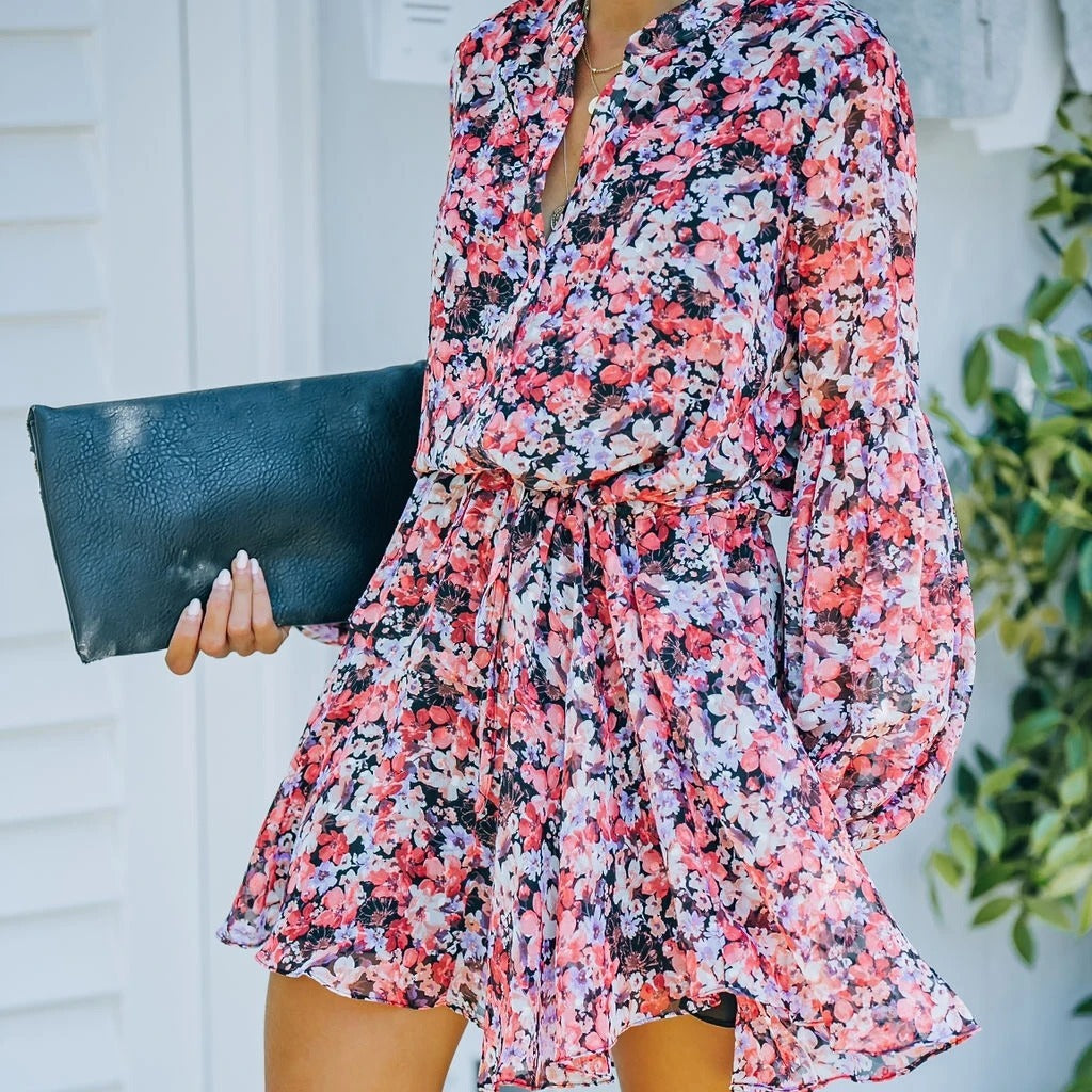 Plaid Printed Lantern Sleeve Ruffled Hem Long Sleeve Dress
