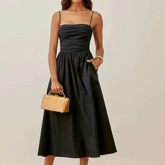 Summer New Style Thin Shoulder Strap Pleated Slim-Fit Large-Length Mid-Length Dress With Dress