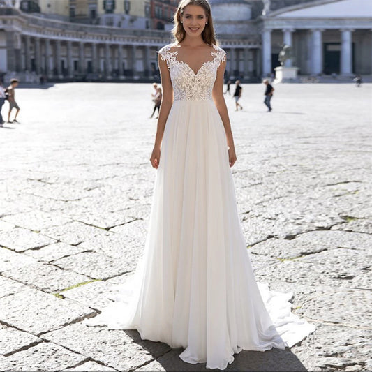 A Series Elegance Lace Chiffon Pearl Back Bridal Gown – Timeless Grace for Your Special Day
