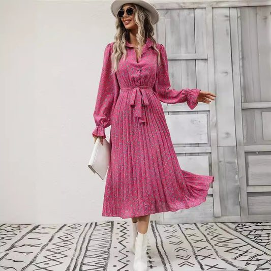 Fashion Tie Pleated Long Sleeve Big Hem Dress