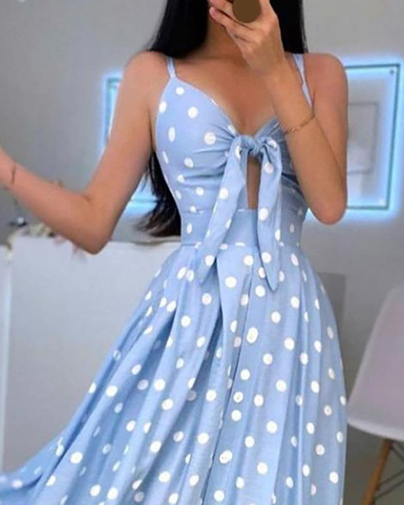 Slingshaped Polkadot Midlength Skirt Highwaist Split Dress