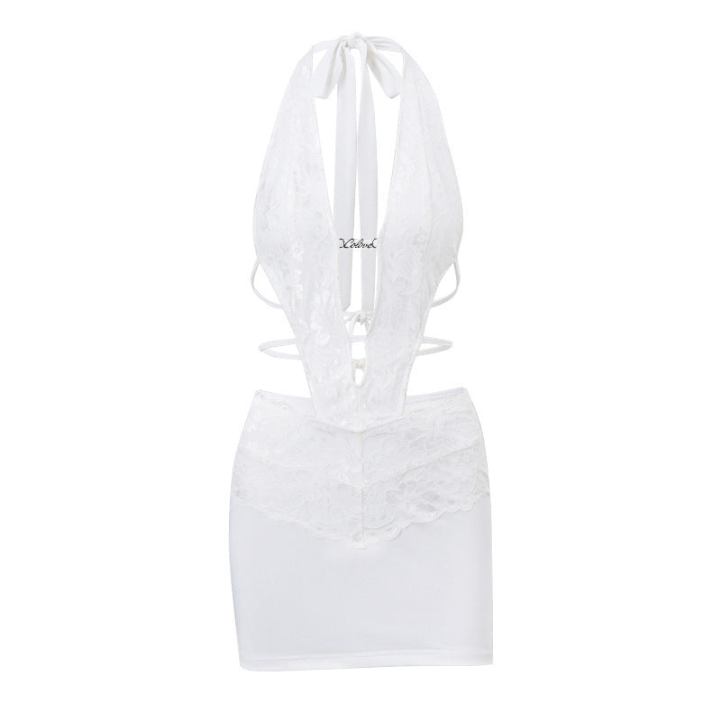 Hollow-out Halter Lace Up Fake Two Pieces Slim-fit Hip Skirt
