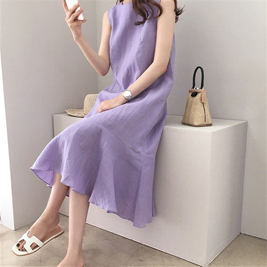 Taro Purple Linen Dress Casual Sleeveless Loose Slimming Fishtail