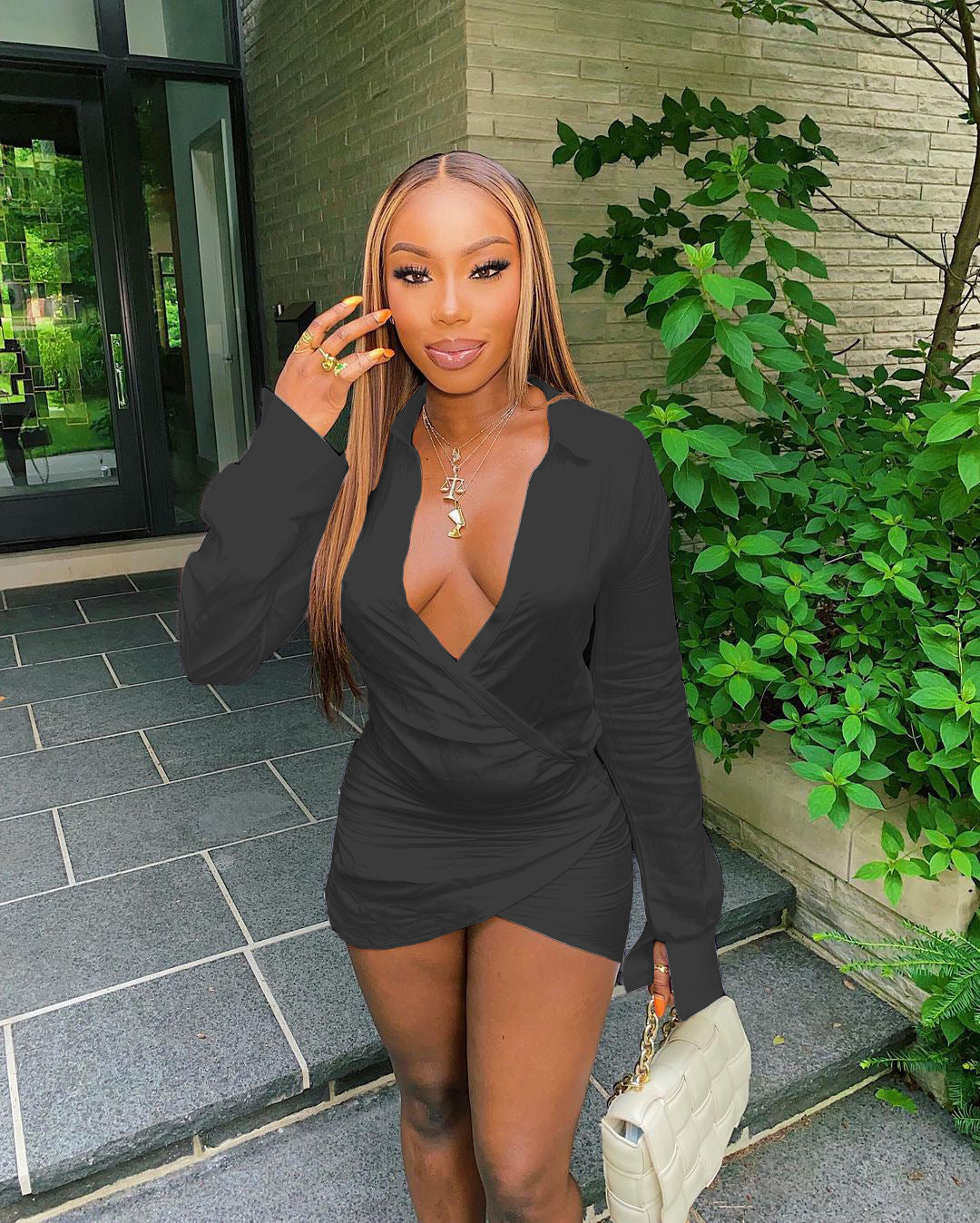 Women's Solid Color Deep V Dress