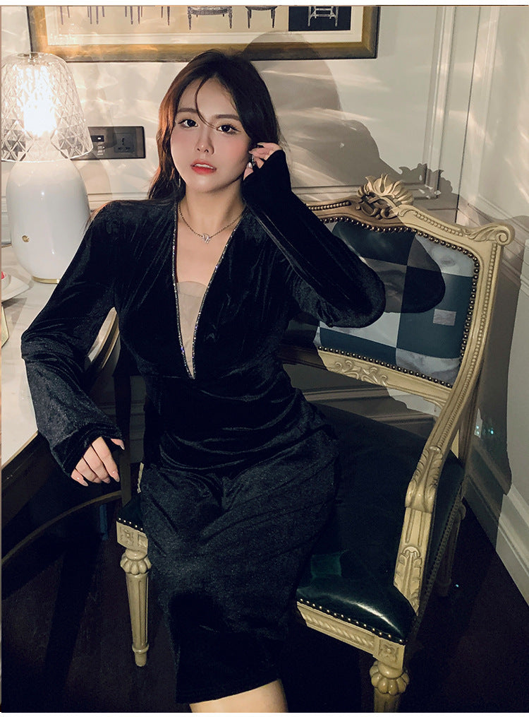 Polyester Slightly Large Size Dress Winter Belly-covering Slimming Sheath Gold Velvet Black Dress A- Line Skirt