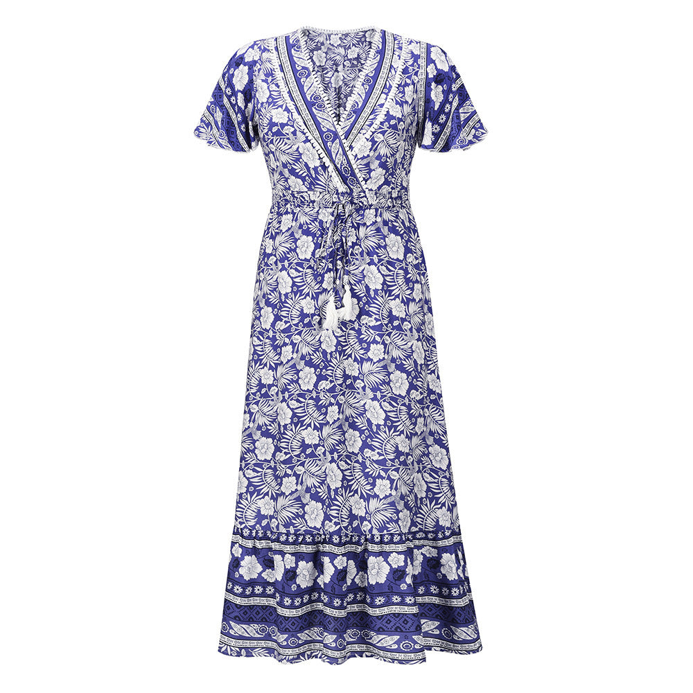 Rayon Retro Print Dress Beach Mid-length