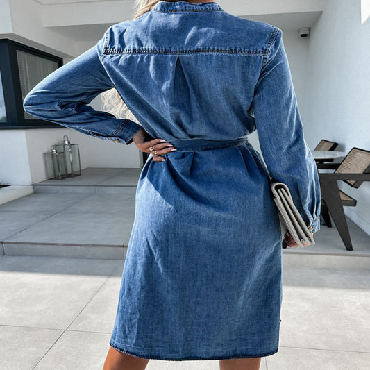 Women's Casual Polo Collar Waist-controlled Lace-up Anti-denim Dress