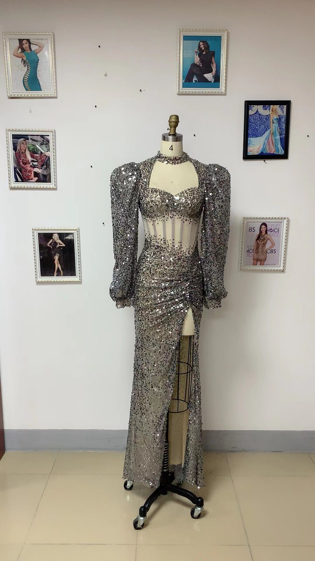 Silver Sequin Long Puff Sleeve Evening Dress