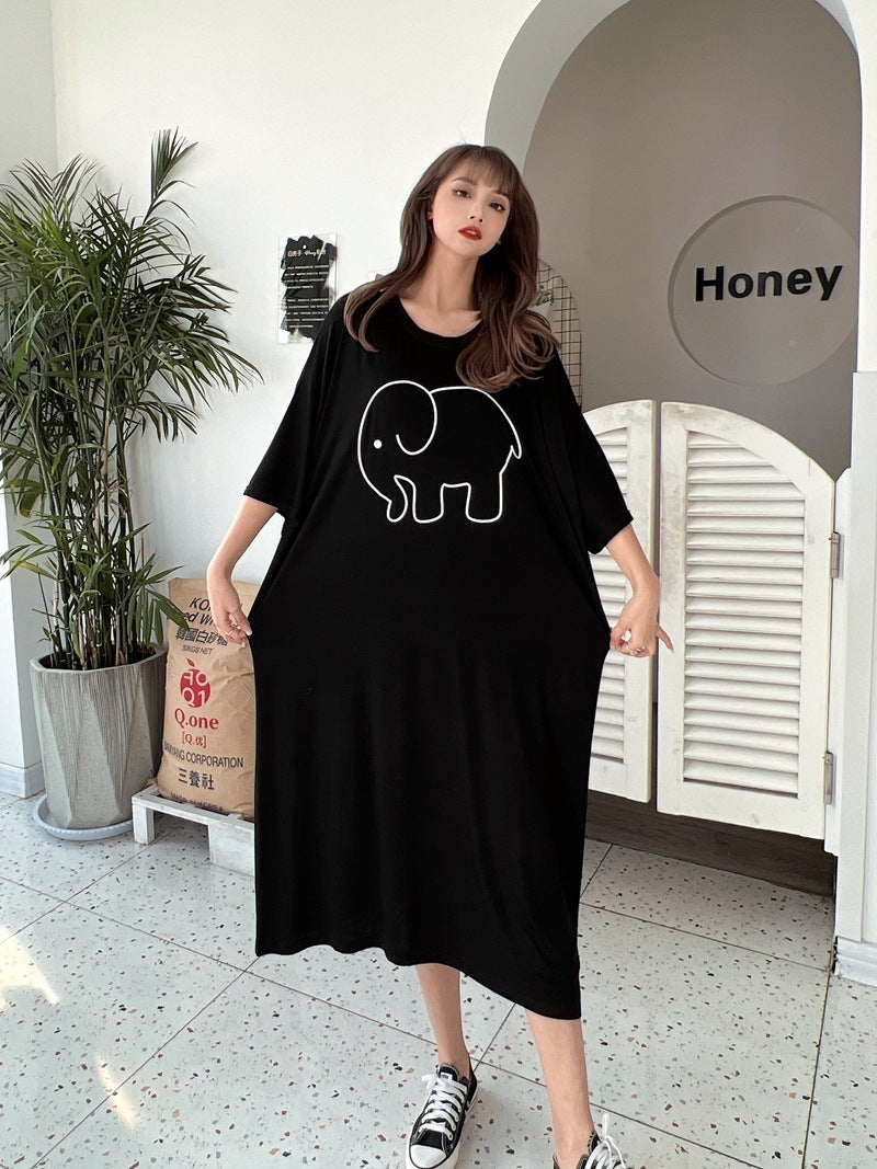 Mid Length Modal Print Dress Loose Nightdress