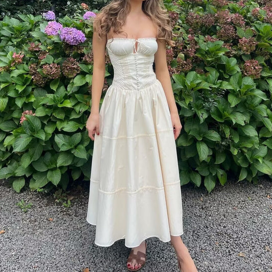 Women's French Suspender Long Dress Button Lace-up Temperament Slim Dress Summer Seaside Vacation Beach Dresses