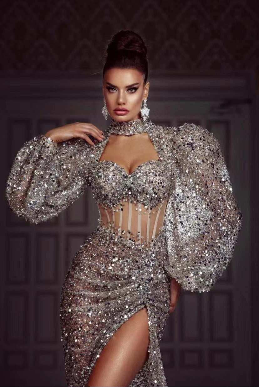 Silver Sequin Long Puff Sleeve Evening Dress