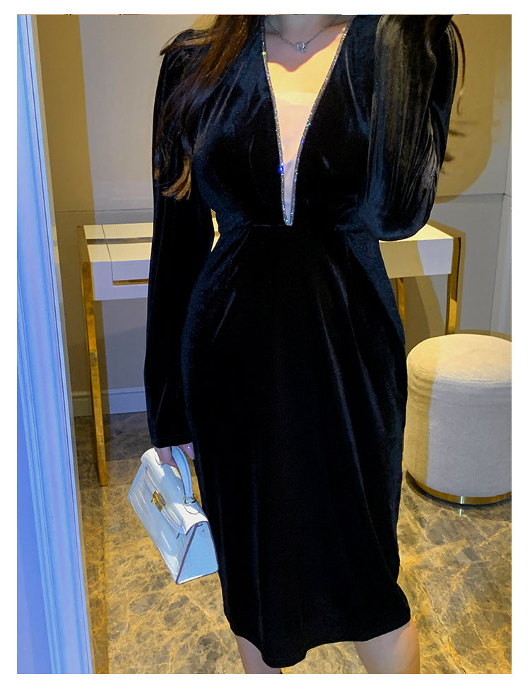 Polyester Slightly Large Size Dress Winter Belly-covering Slimming Sheath Gold Velvet Black Dress A- Line Skirt